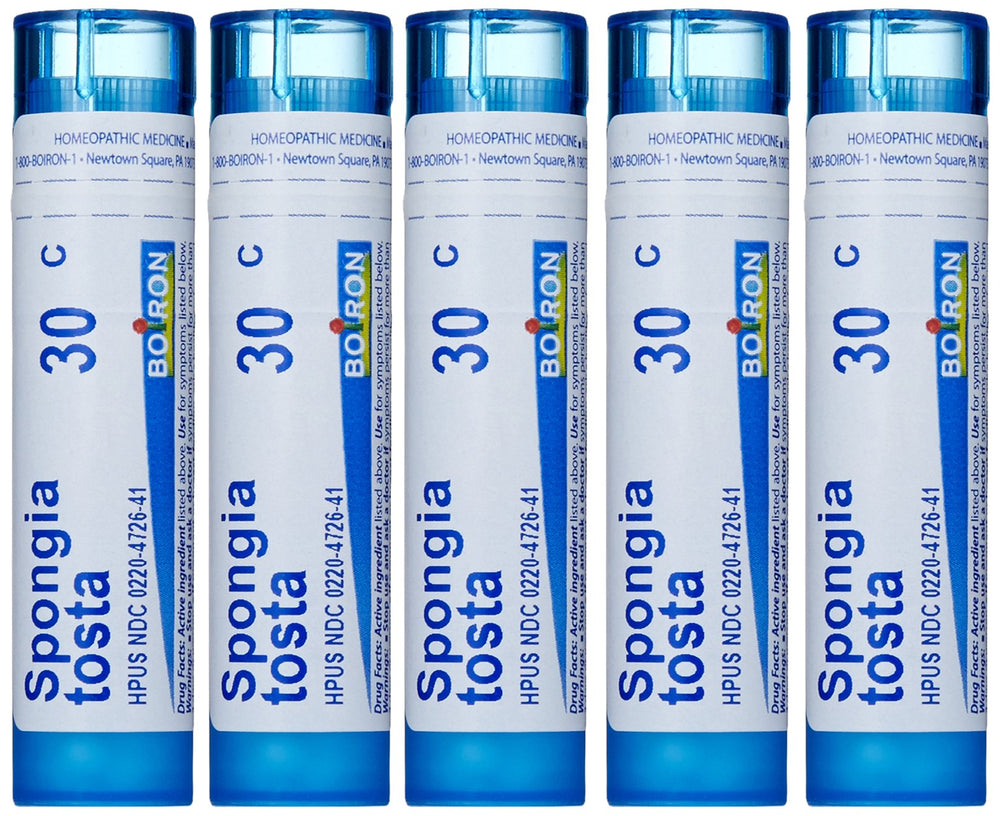Boiron Spongia Tosta 30C pellets for quick relief at first symptoms.
