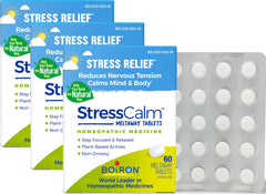 Boiron StressCalm meltaway tablet dissolves in the mouth for discreet relief.