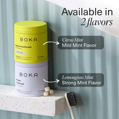 Boka chew-swish-spit use in a simple oral care routine
