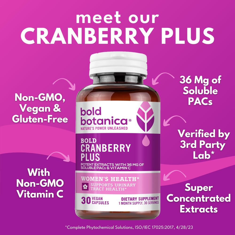 Close-up of Bold Botanica Cranberry Plus capsule showing compact vegan formula