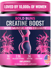 Bold Buns Creatine for Women bottle pouring supports post-workout recovery and lean muscle.