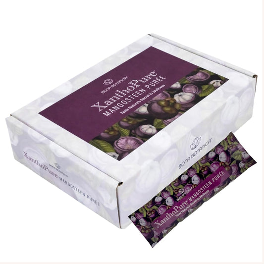 Bona Botanica XanthoPure mangosteen sachet close-up highlighting concentrated antioxidants for daily snacking.