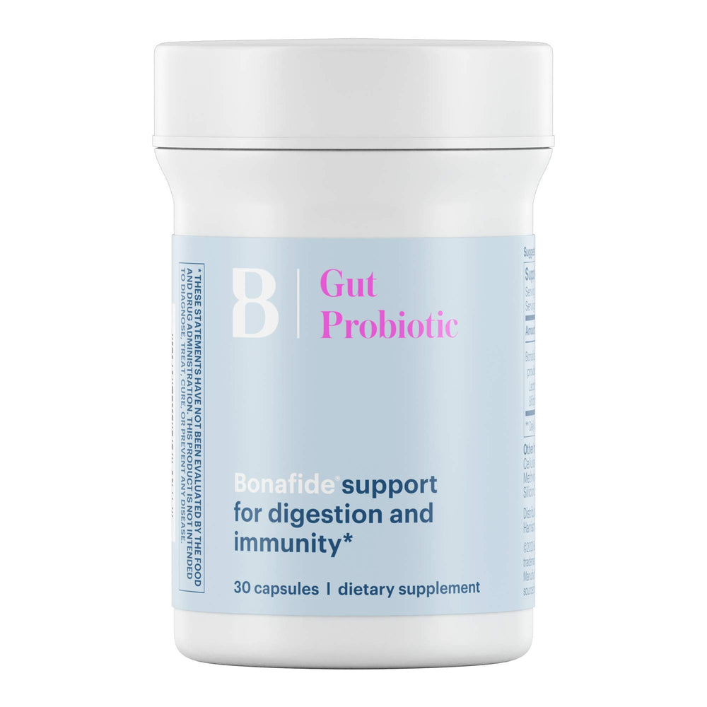 Bonafide Essentials probiotic bottle showing capsules for balanced digestion