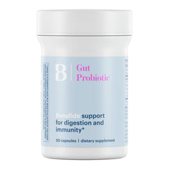 Bonafide Essentials probiotic bottle showing capsules for balanced digestion
