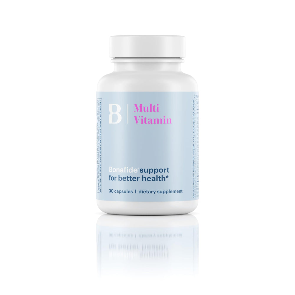 Bonafide Essentials multivitamin bottle for daily energy, bone health, and overall wellness.