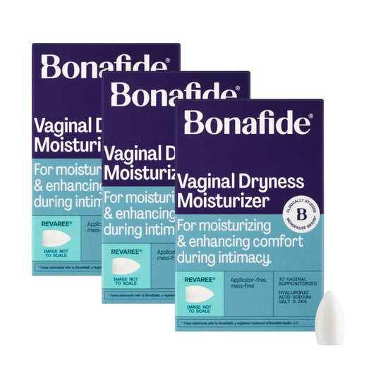 Bonafide Revaree packaging close-up highlighting hydration benefits for vaginal comfort