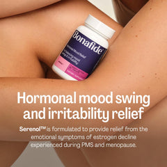 Bonafide Serenol bottle front view with label emphasizes natural relief options.