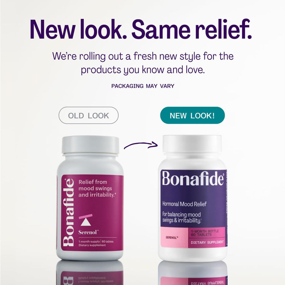 Bonafide Serenol capsules closeup highlighting plant-based ingredients for mood balance.