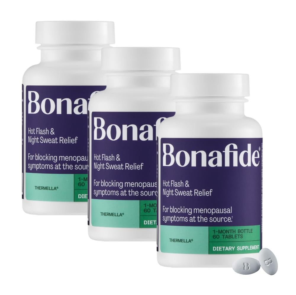 Bonafide Thermella bottle close-up with capsules for hot flash relief.