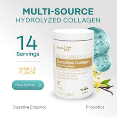 Bonavit Collagen Peptides being stirred into a latte for a creamy vanilla drink.