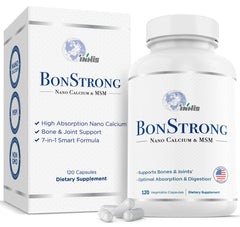 BonStrong Nano Calcium MSM bottle highlighting the 7-in-1 bone support formula for daily use.