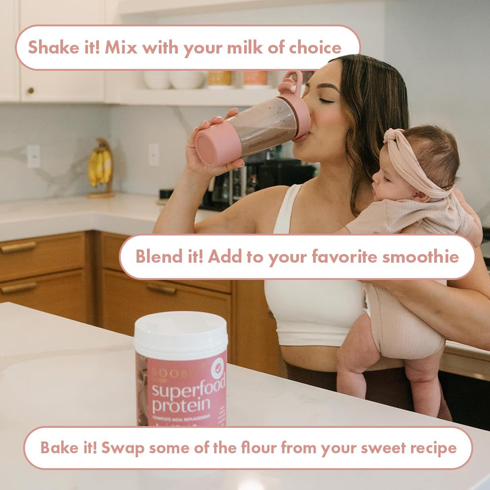 Boobie Body Vegan Protein scoop beside a glass alternative milk.