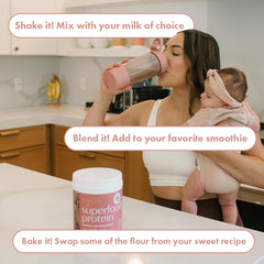 Boobie Body Vegan Protein scoop beside a glass alternative milk.