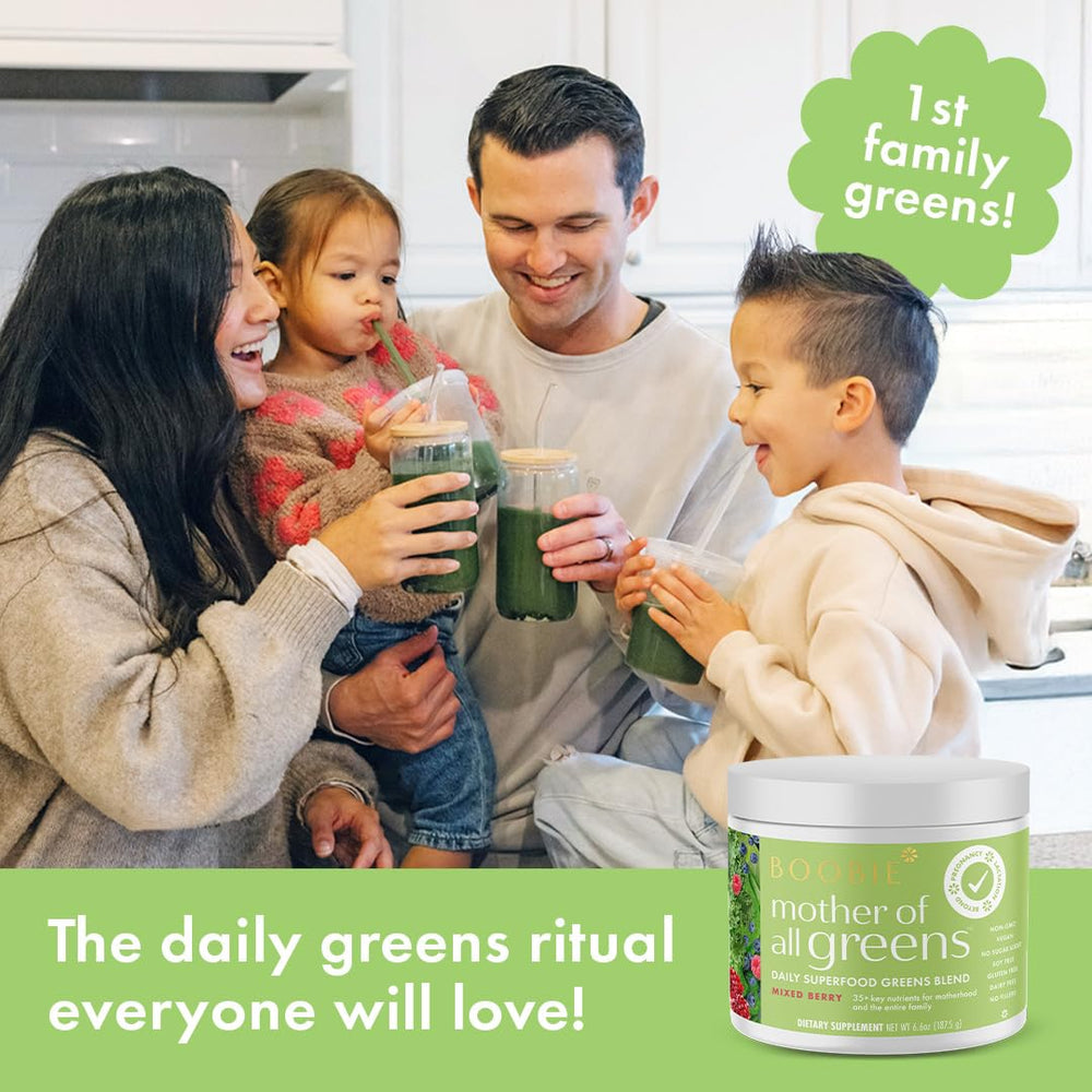 Boobie Brands mixed-berry powder jar close-up for a flavorful greens boost