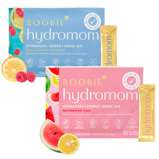 Boobie Hydromom Watermelon Yuzu packets for convenient, electrolytes-packed hydration on the go