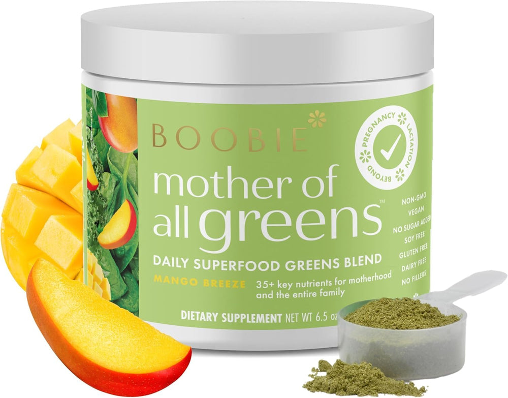 Boobie Mango Breeze greens powder tub front showing vibrant packaging for daily prenatal nutrition.