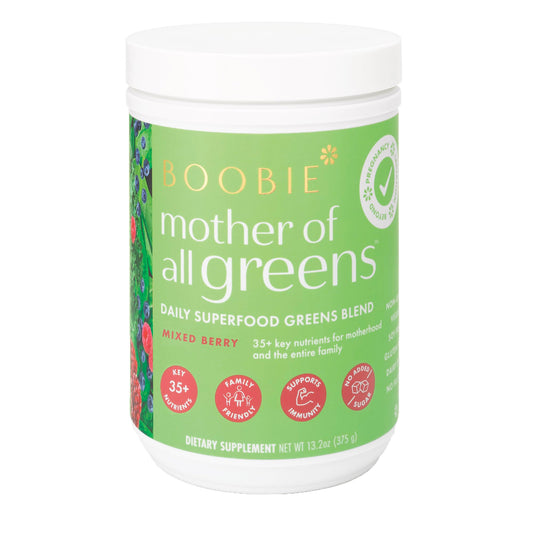Boobie Mother of All Greens bottle pour showing easy daily greens for busy families