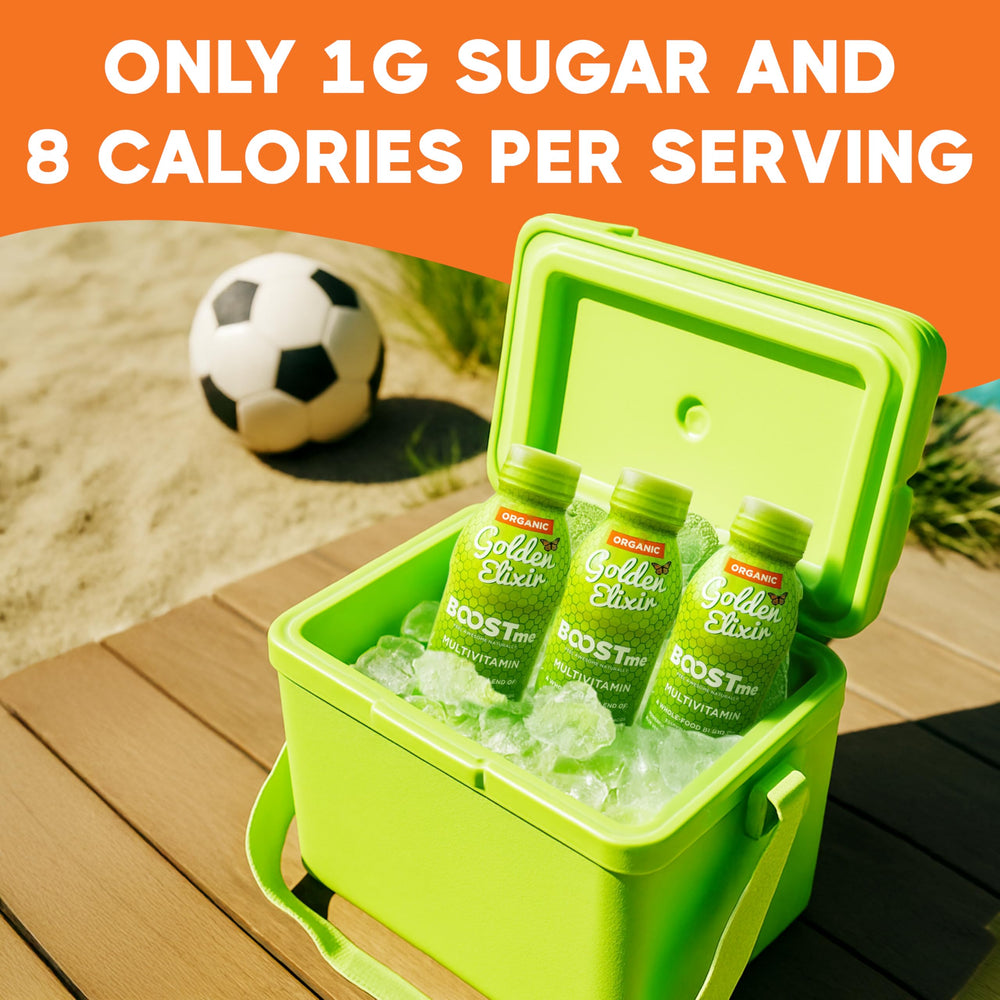 BoostMe Golden Elixir citrus slice signals refreshing flavor.