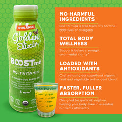 BoostMe Golden Elixir ingredients quinoa and aloe provide plant-based nourishment.