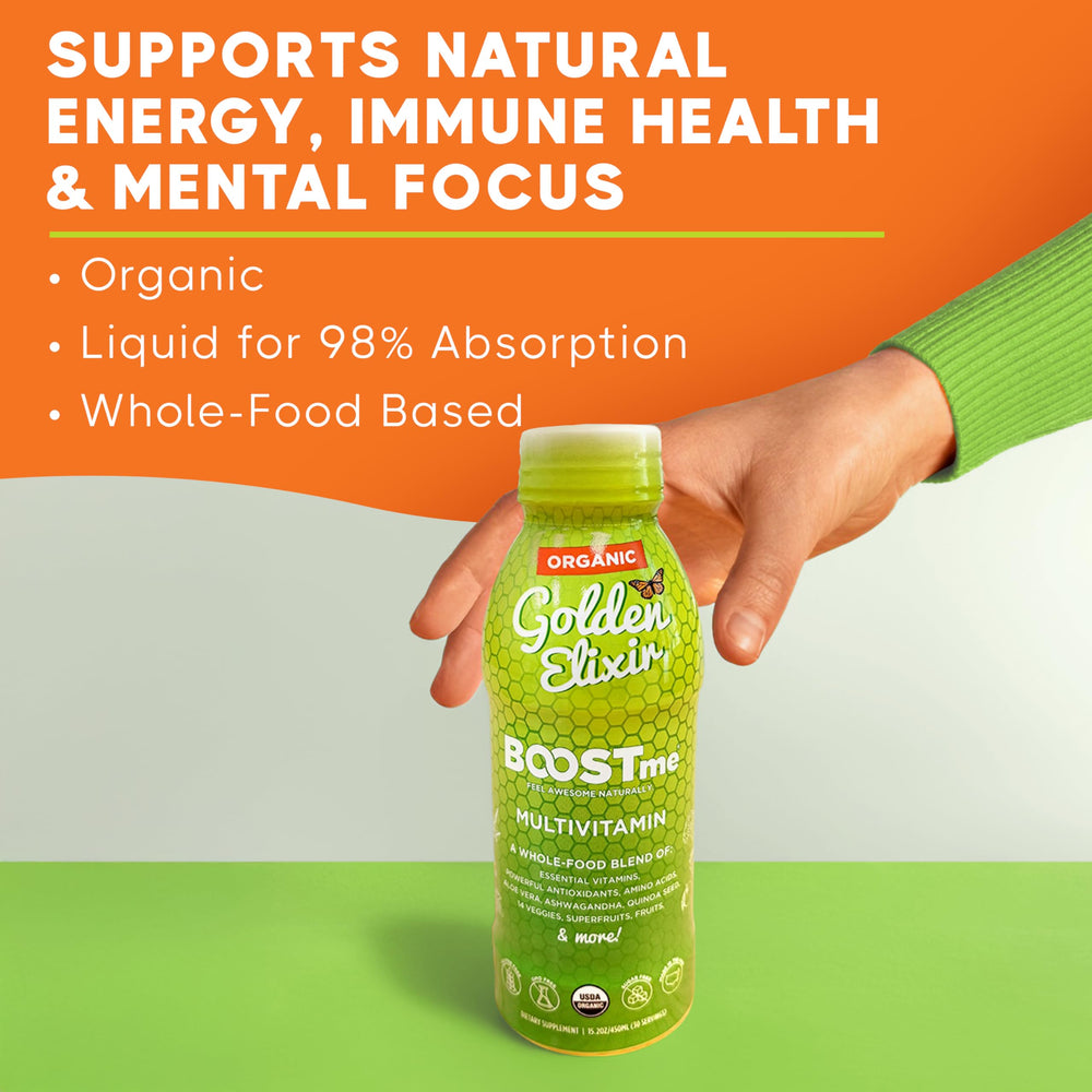 BoostMe Golden Elixir measuring spoon shows easy, accurate daily dosing.