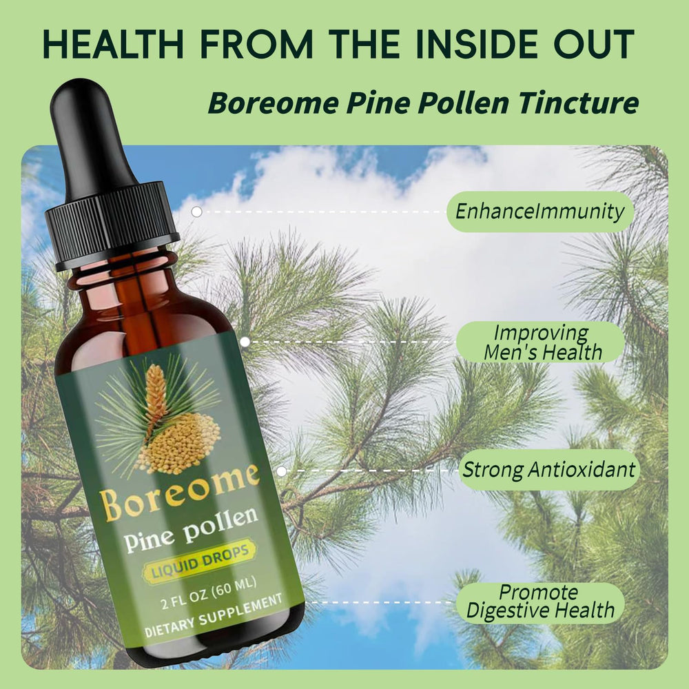 Boreome Pine Pollen Tincture being poured into a glass for a smooth, sugar-free experience.