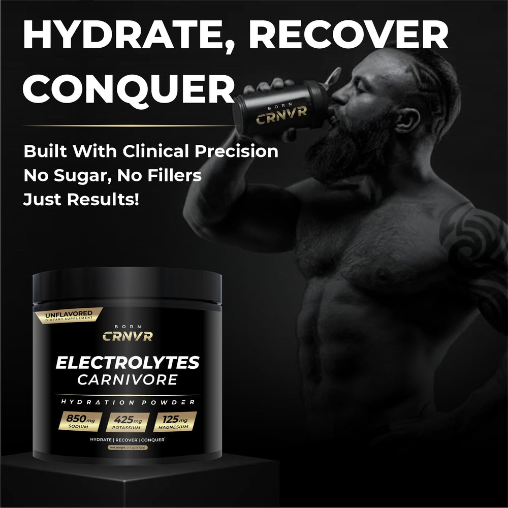 Stirring BORN CRNVR Carnivore Electrolytes powder into water for balanced minerals.