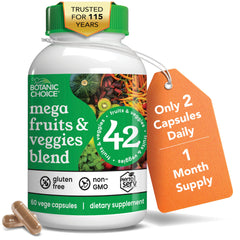 Botanic Choice Mega Fruits and Veggies bottle showcases the variety for daily nutrition.