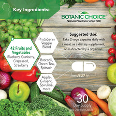 Botanic Choice Mega Fruits & Veggies label front highlights diverse fruit and vegetable ingredients.