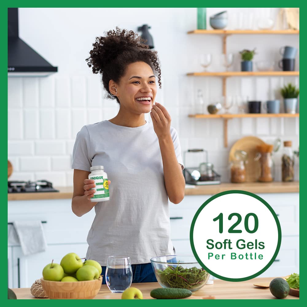 Bottle on wooden table conveys value with 120 soft gels.