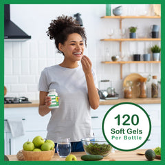 Bottle on wooden table conveys value with 120 soft gels.