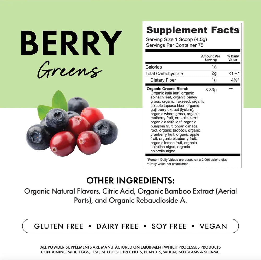 Bowmar Nutrition Greens scoop ready to mix into a shake for daily nourishment.