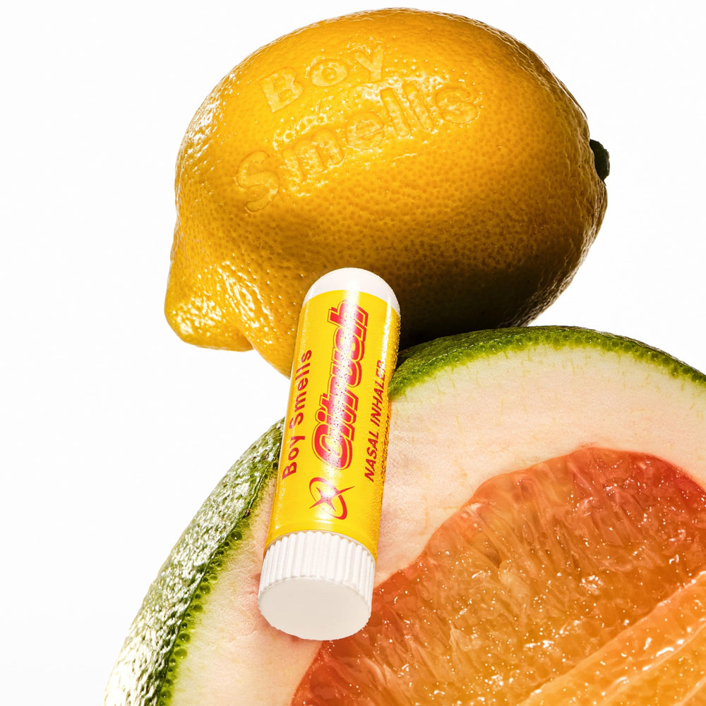 Boy Smells Citrus Sniffer nasal stick packaging details.