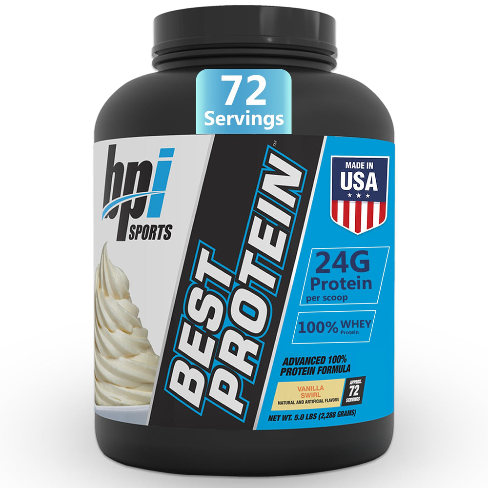 BPI Sports Best Protein Vanilla Swirl tub shows fast-absorbing whey for lean muscle.