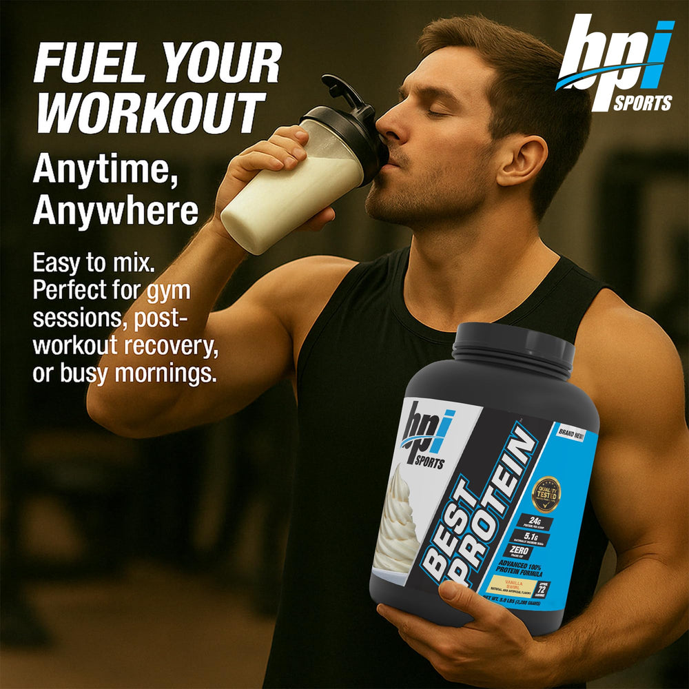BPI Sports Best Protein whey scoop highlights high-quality protein with no fillers.