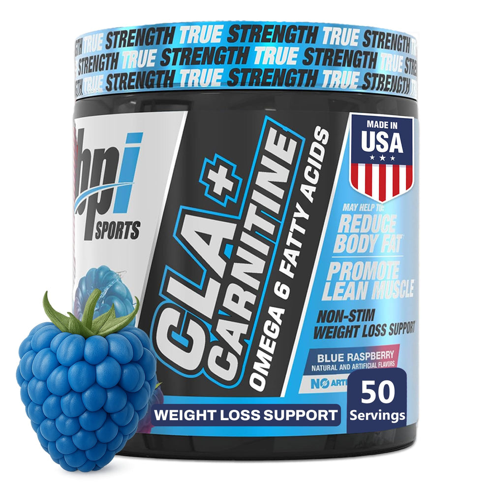 BPI Sports CLA+Carnitine blue raspberry bottle for non-stimulant fat-to-energy support.