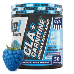 BPI Sports CLA+Carnitine blue raspberry bottle for non-stimulant fat-to-energy support.
