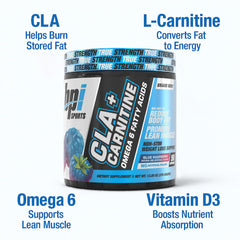 BPI Sports CLA+Carnitine blue raspberry flavor close-up.