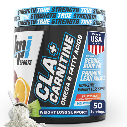 BPI Sports CLA + Carnitine bottle front shows stimulant-free energy support.