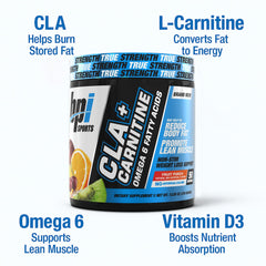 BPI Sports CLA + Carnitine nutrition panel emphasizes fat utilization focus.
