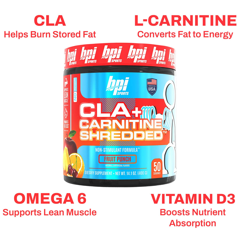 Close-up texture of BPI CLA Carnitine Shredded powder texture for energy