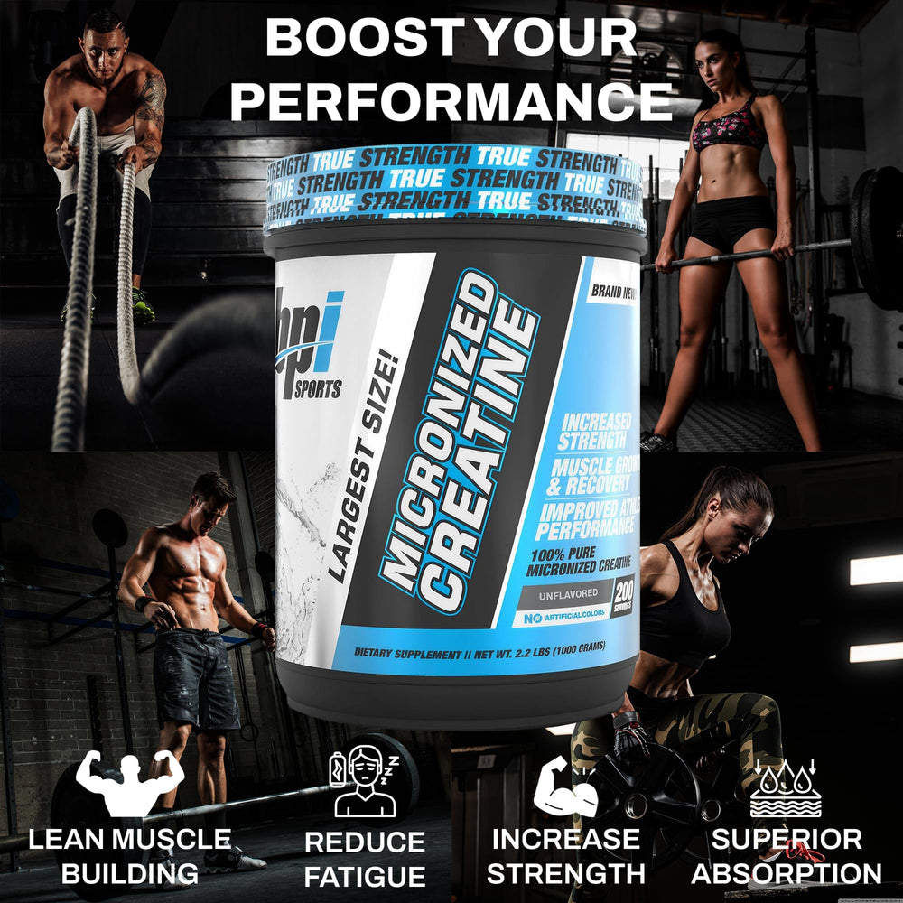 BPI Sports Creatine Monohydrate unflavored powder in a canister.