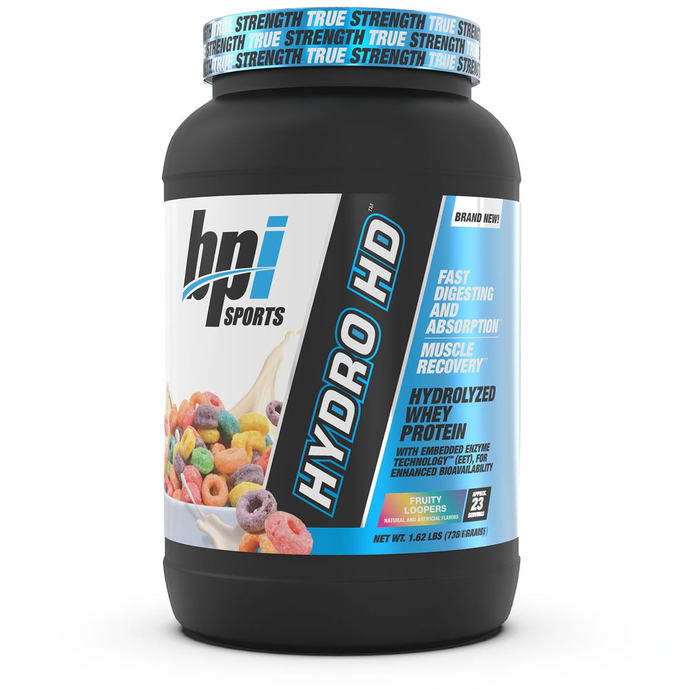 BPI Sports Hydro HD front label highlights hydrolyzed whey for fast absorption.