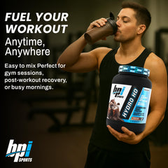 BPI Sports Hydro HD scoop dispensing into glass for fast-absorbing protein post-workout.