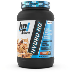 BPI Sports Hydro HD Cinnamon Cereal tub front showing fast absorbing protein for recovery