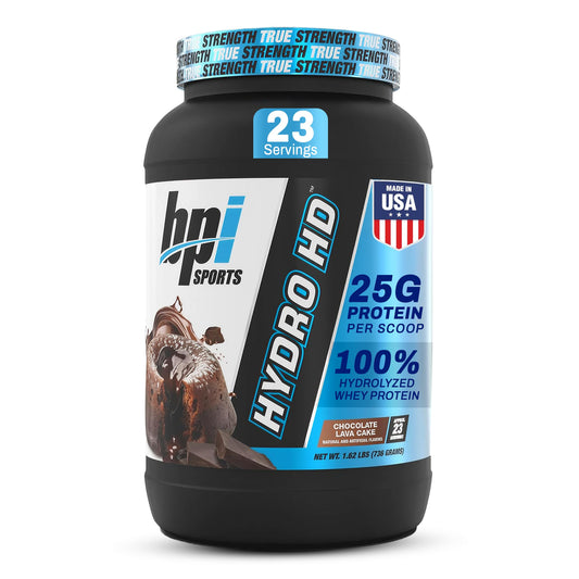 BPI Sports Hydro HD tub front view highlighting protein powder for quick fueling.