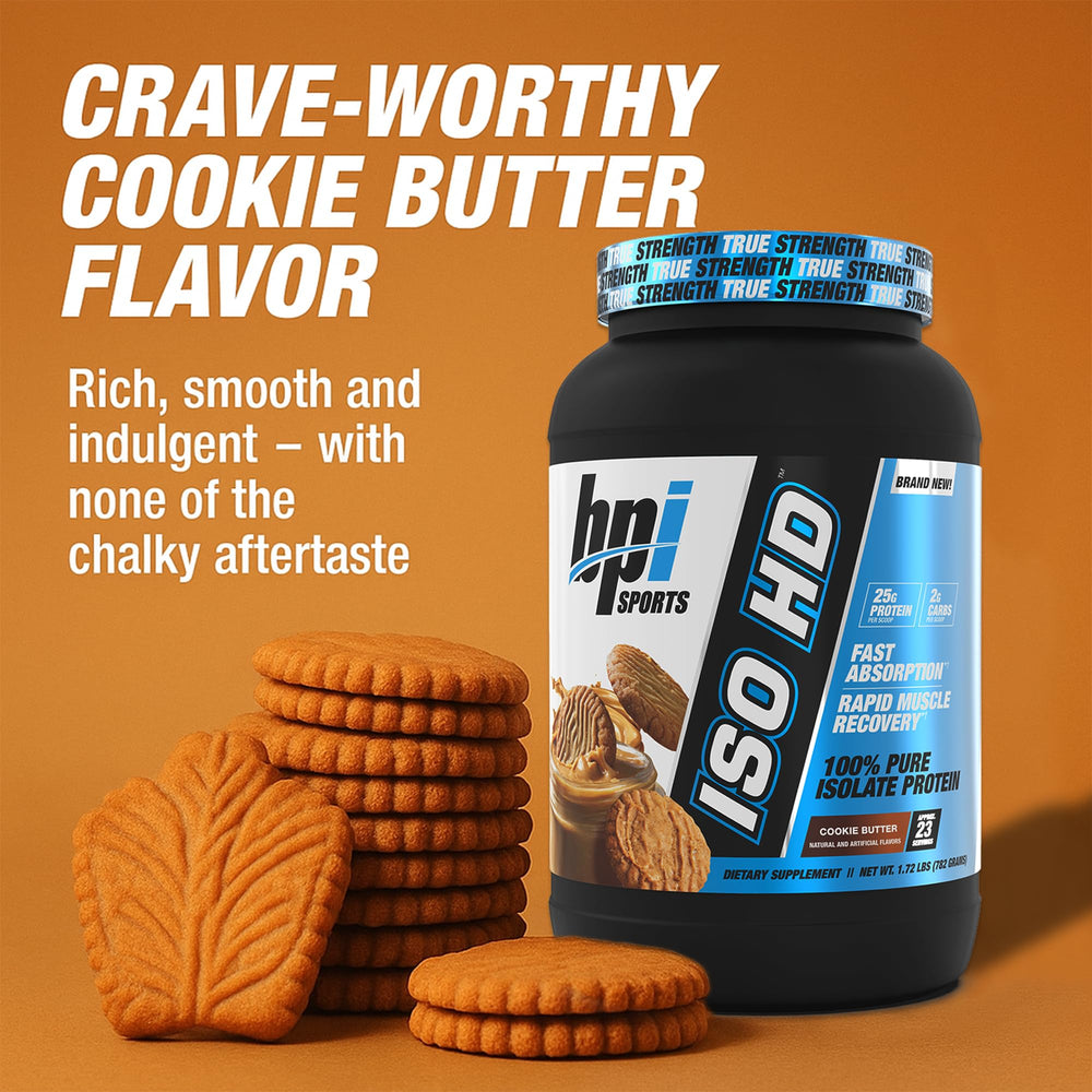 BPI Sports ISO HD nutrition label close-up, emphasizing low-carb, low-fat protein option.