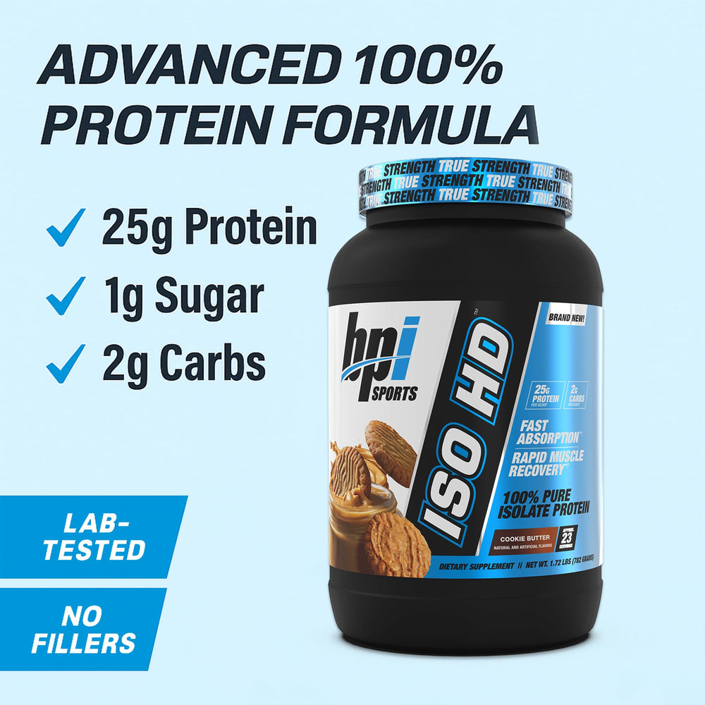 BPI Sports ISO HD powder being poured into a shaker, ideal post-workout fuel.