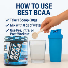 BPI Sports Best BCAA blue raspberry in a glass with vibrant color and hydration vibe.