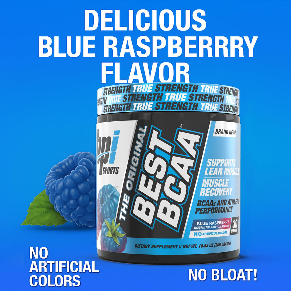 BPI Sports Best BCAA blue raspberry scoop beside the tub for easy pre-workout dosing.