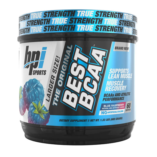 BPI Sports Best BCAA blue raspberry tub with packaging for recovery and hydration.
